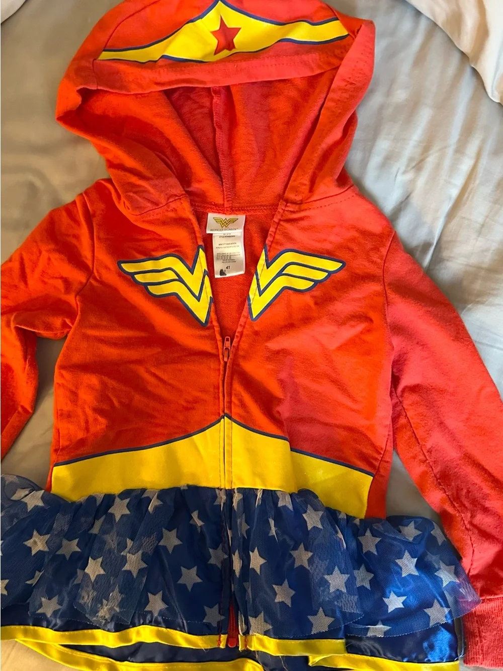 Kids Wonder-Inspired Red & Blue Zip Hoodie with Star Skirt